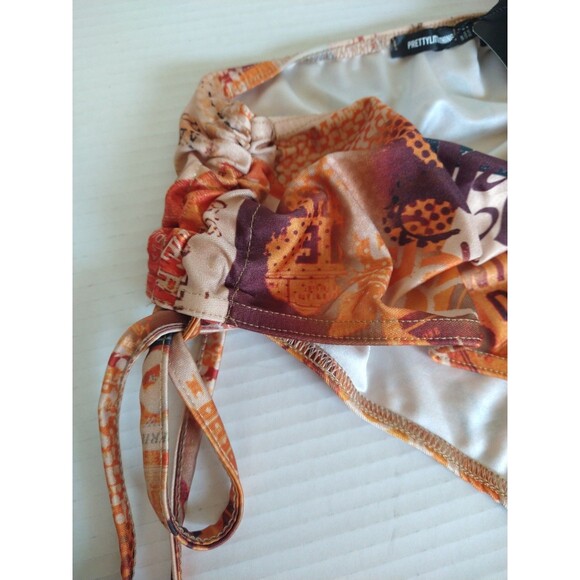 NWT Pretty Little Thing Bikini Top 10 Bottom 8 orange newspaper print ruched tie - Picture 3 of 12